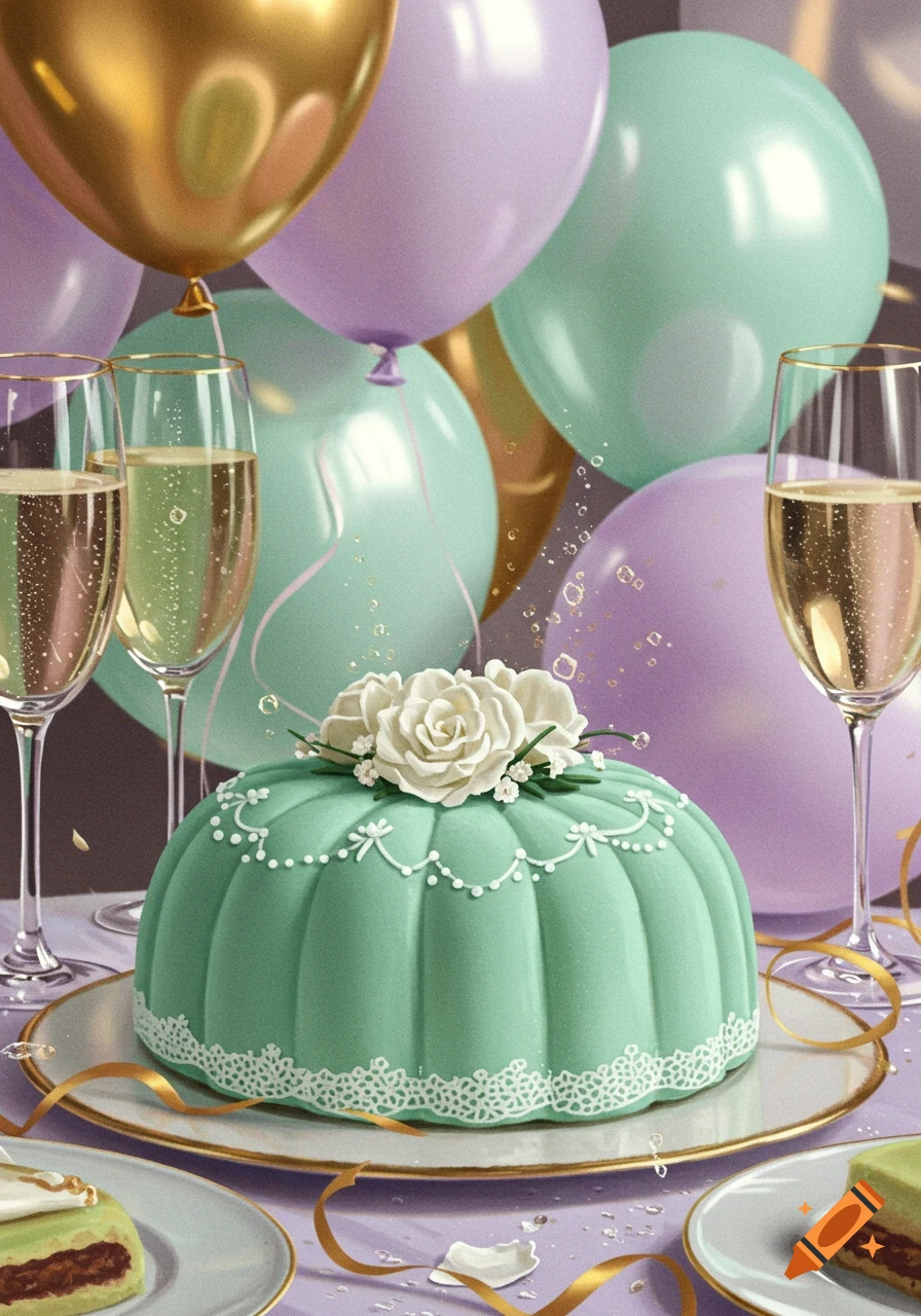 A festive table with a green marzipan cake decorated with white flowers, two champagne flutes, and lavender, mint, and gold balloons.