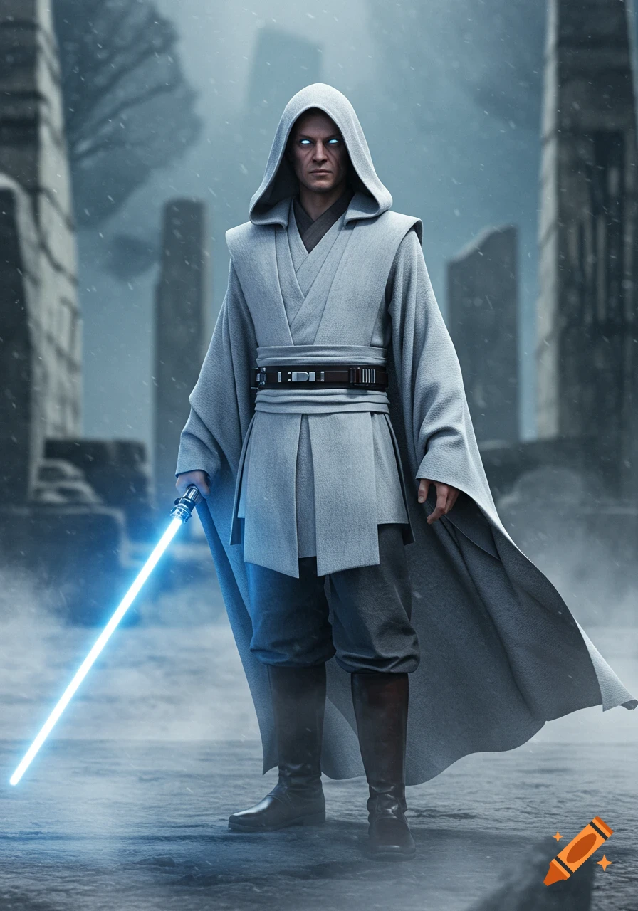 A photorealistic man in a white hooded robe holding a blue lightsaber stands in a snowy, ruined city.