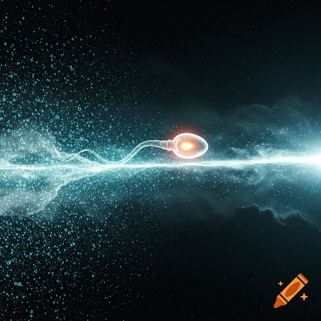A glowing, translucent sperm cell propels through a luminous, digital stream amidst sparkling blue particles on a dark background.