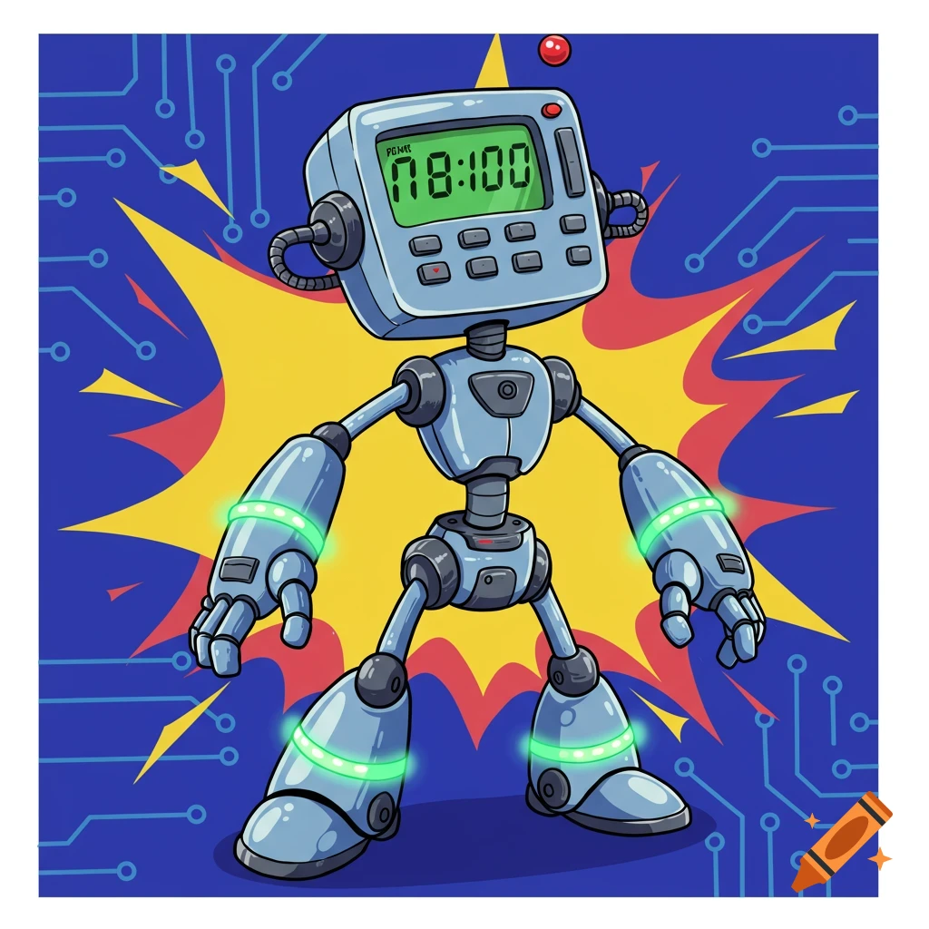 Cartoon robot with a digital clock head showing '08:00', green glowing limbs, on a circuit board and explosion background.