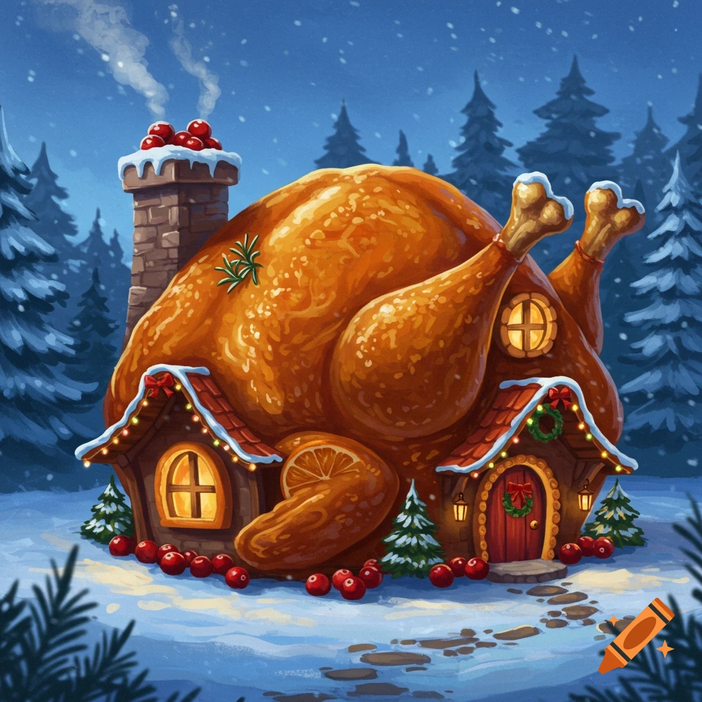 An illustration of a festive turkey-shaped house in a snowy winter forest, adorned with Christmas lights and berries.