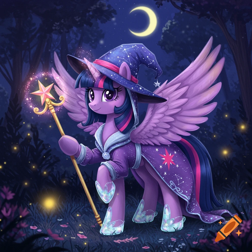 Twilight Sparkle pony dressed as a witch with a starry purple hat and robe, holding a glowing magic wand in a moonlit forest.