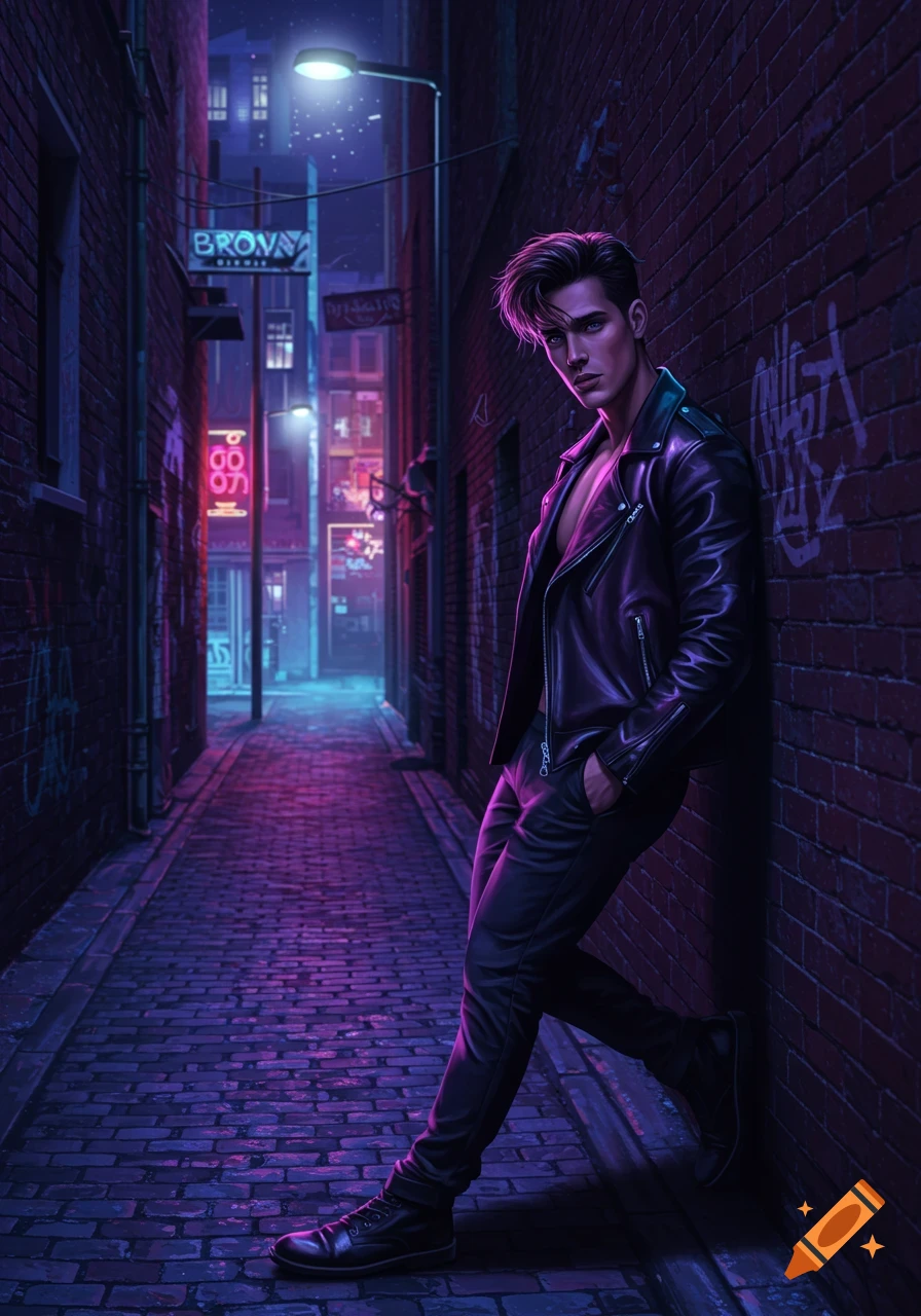 A stylish man in a leather jacket leans against a brick wall in a dark, neon-lit alley. Digital art.