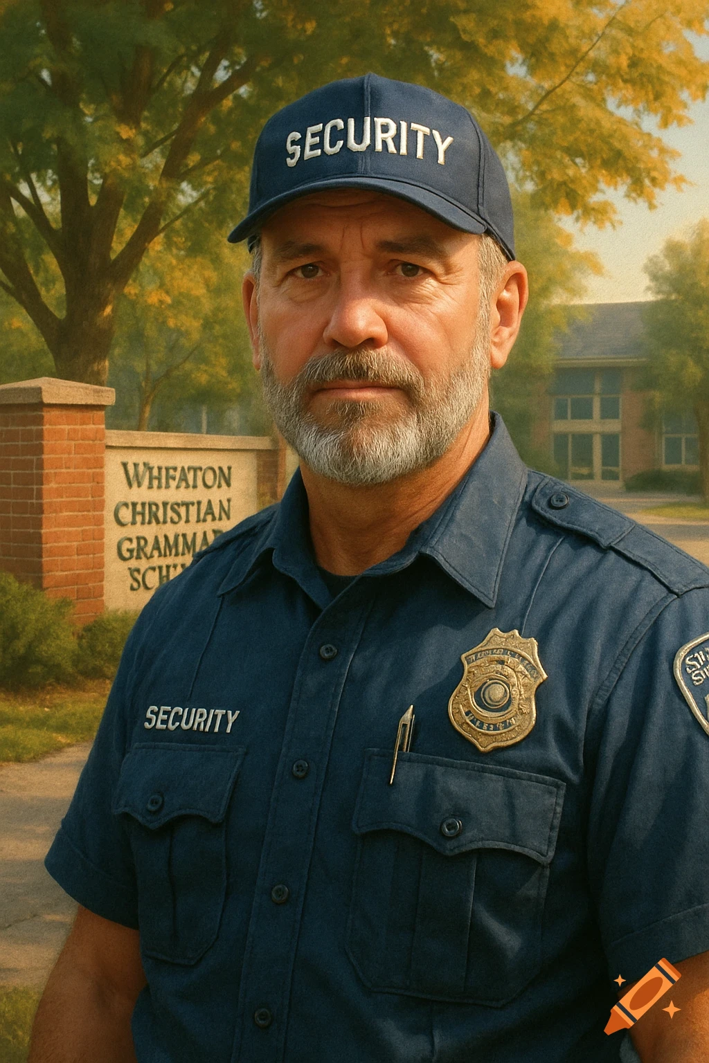 A middle-aged security officer with a salt-and-pepper beard wears a blue uniform and a cap that says "SECURITY". He stands in front of a sign for "WHFEATON CHRISTIAN GRAMMAR SCH" and autumn trees.