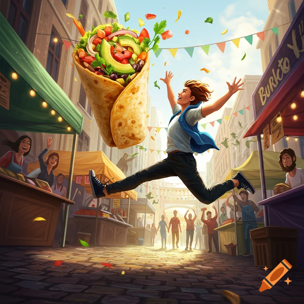 A joyful man leaps in a bustling market street as a giant, fully loaded burrito floats beside him, ingredients spilling out.