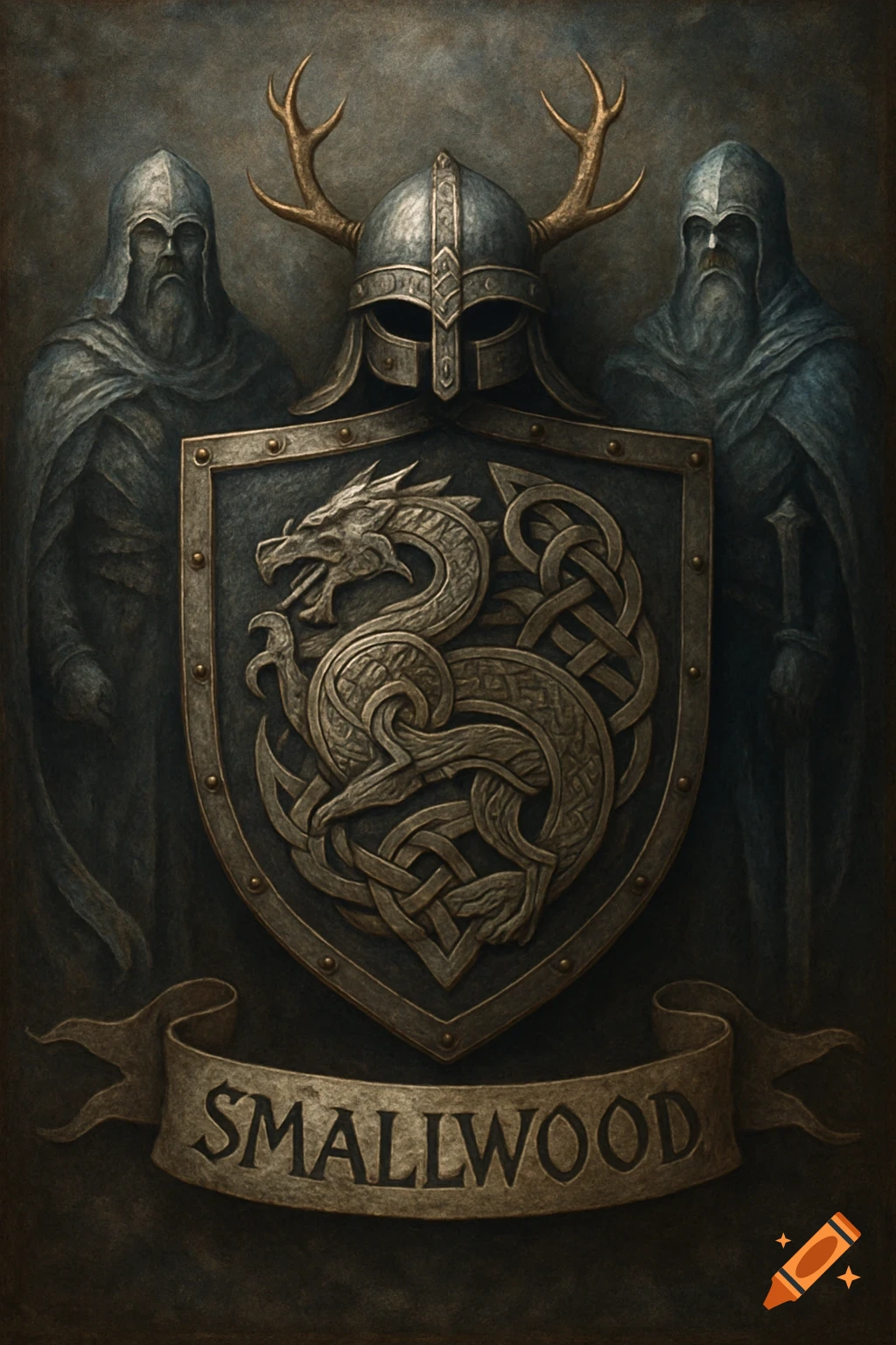 A stylized Viking coat of arms with a horned helmet, a shield with a dragon and Celtic knotwork, flanked by two cloaked figures. A banner below reads "SMALLWOOD".