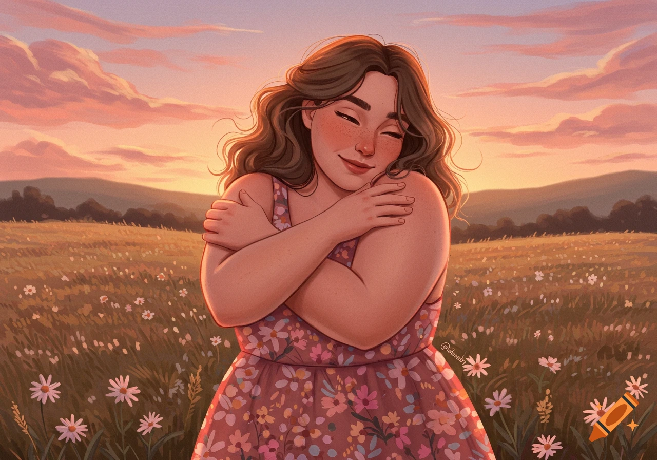 Warm illustration of a smiling woman with freckles, wearing a floral dress, hugging herself in a sunny wildflower field at sunset.