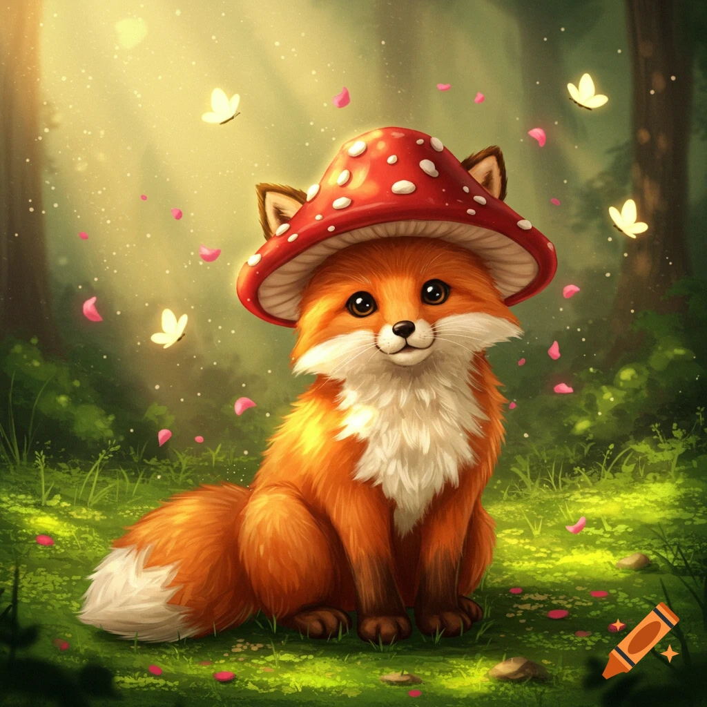 A cute, fluffy orange fox wearing a red mushroom hat sits in a magical forest with butterflies and pink petals, in a whimsical illustration.