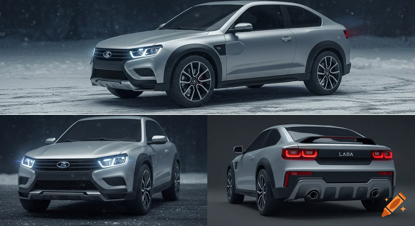 A silver two-door Lada concept car, a grand tourer with rugged details, shown in multiple angles on a snowy road with falling snow.