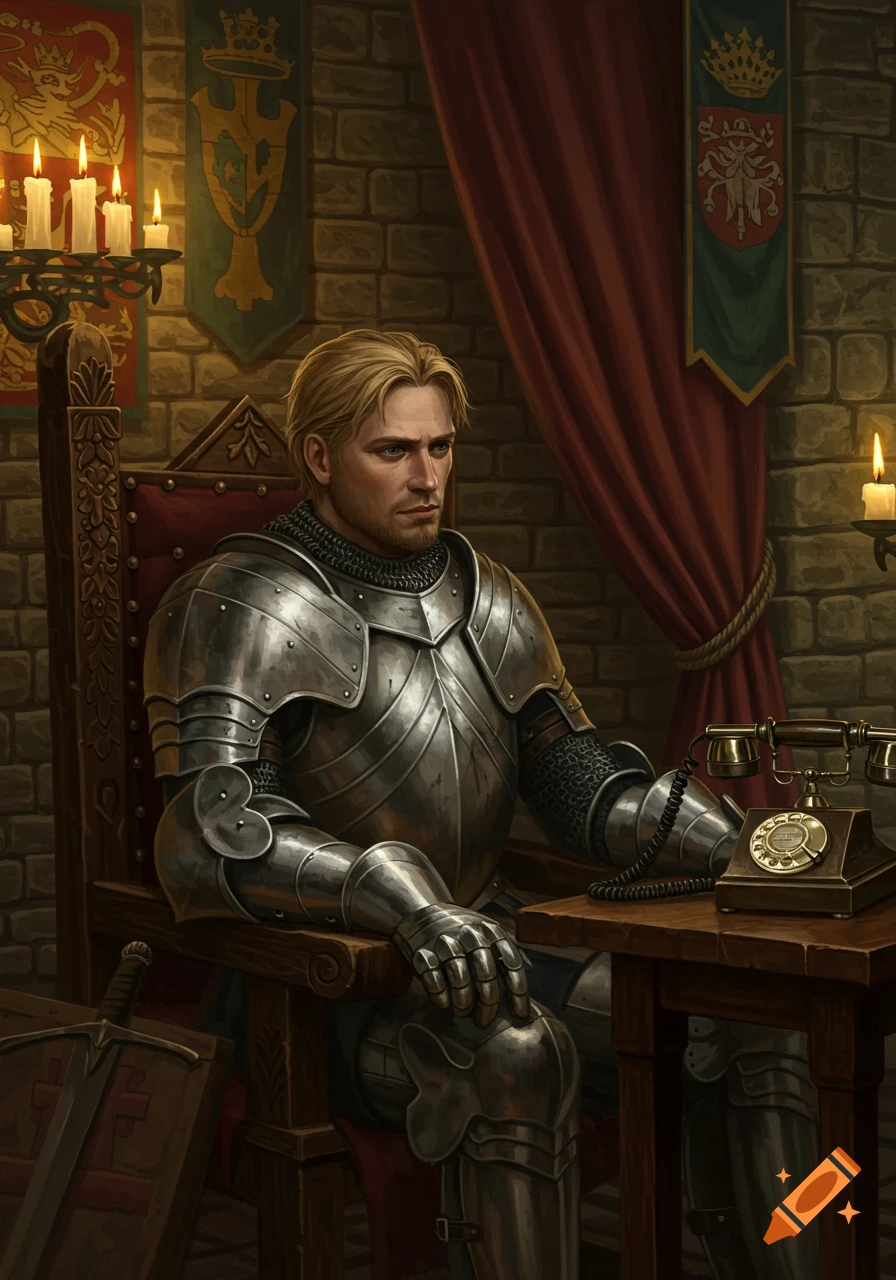 A blonde knight in shining armor sits on a wooden chair next to an antique rotary telephone in a stone-walled room.