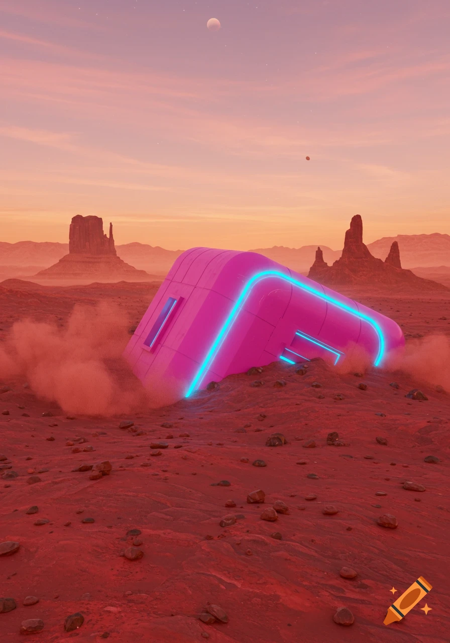 A pink, neon-lit futuristic structure emerges from a red, rocky Martian desert under a pastel sky.