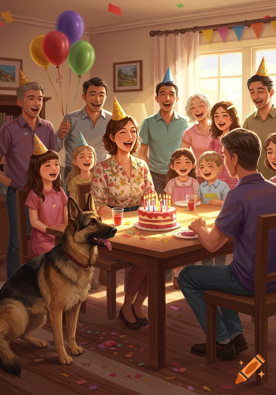 A diverse family and their German Shepherd celebrate a birthday with cake and balloons, in a warm illustration.