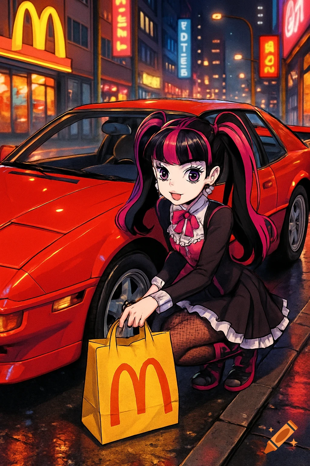 Anime Draculaura with pigtails and a black dress crouches beside a red sports car, holding a McDonald's bag on a rainy city street at night.