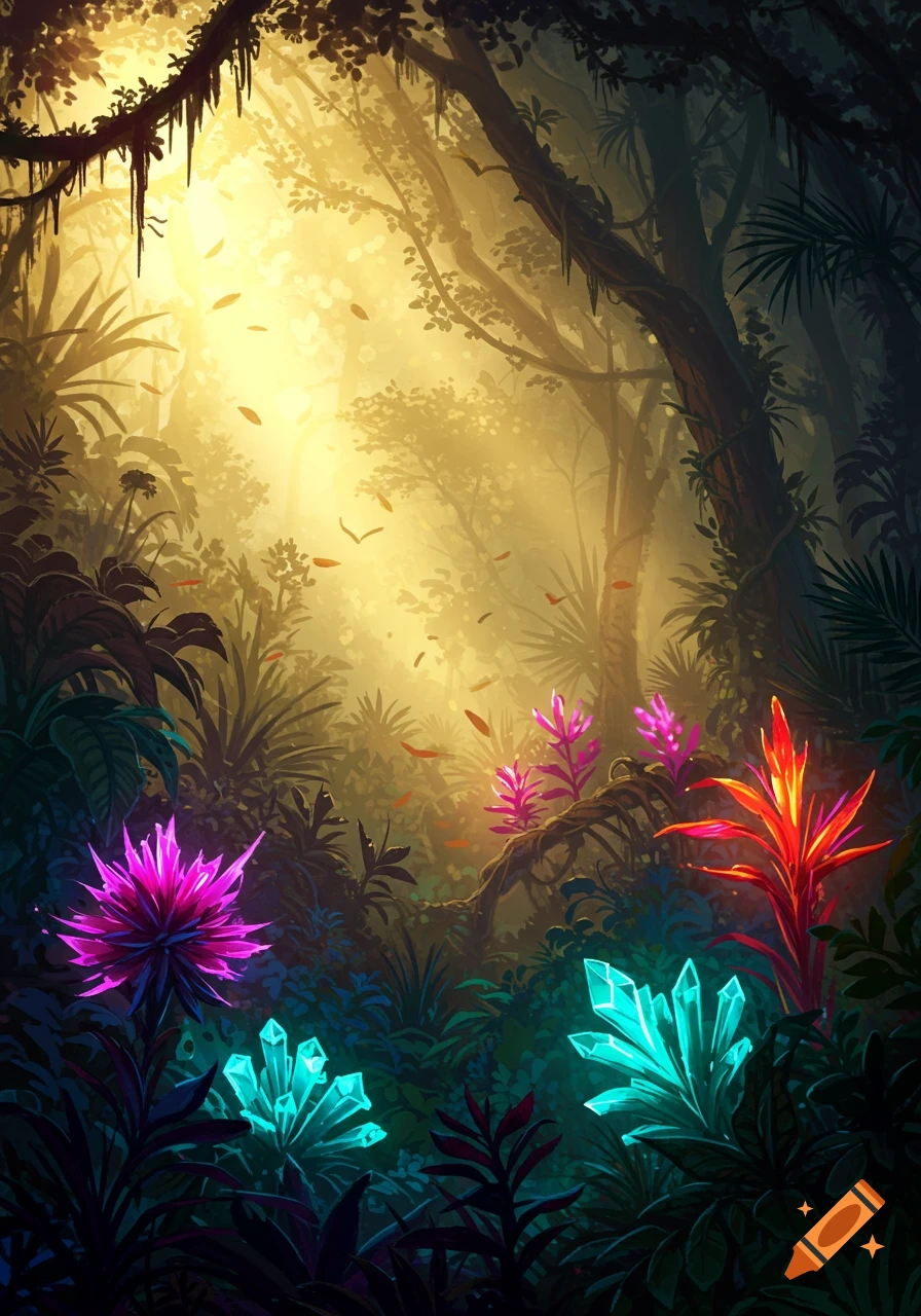 Vibrant digital illustration of a fantasy tropical jungle, bathed in golden light, featuring lush foliage and exotic glowing crystal plants.