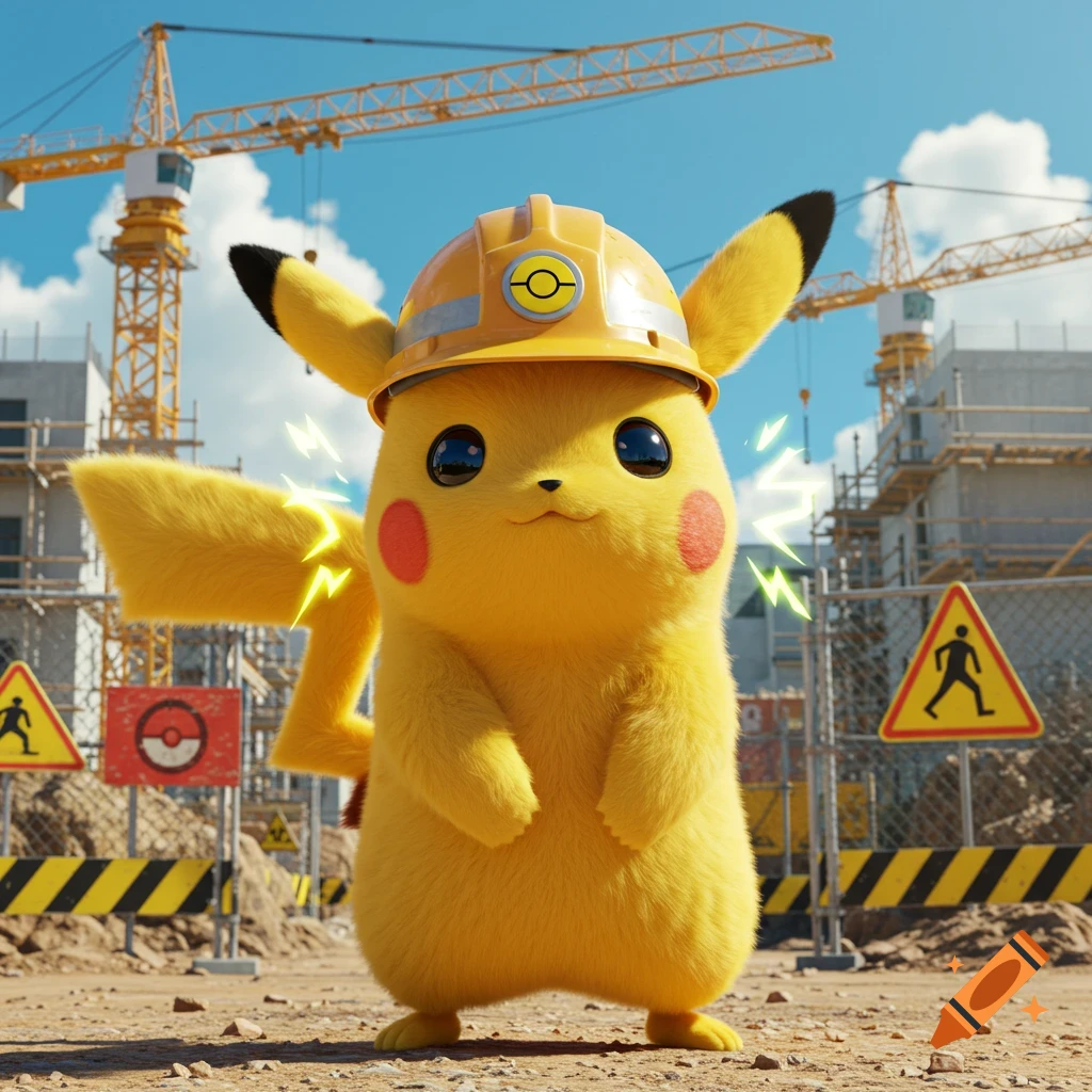 Photorealistic Pikachu wearing a yellow hard hat stands in a dusty construction zone with cranes and caution signs in the background.