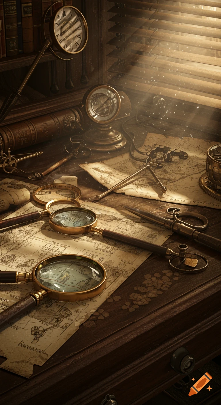 A detailed, atmospheric overhead view of a vintage detective's desk with old maps, magnifying glasses, a compass, and other antique tools.
