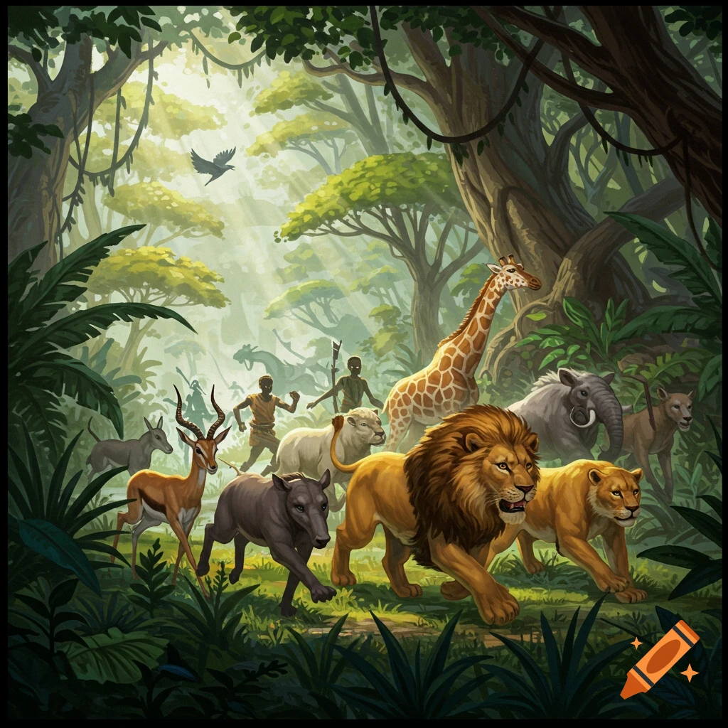 Illustrative painting of a diverse group of wild animals, including lions, giraffe, and elephant, running through a lush jungle with humans.