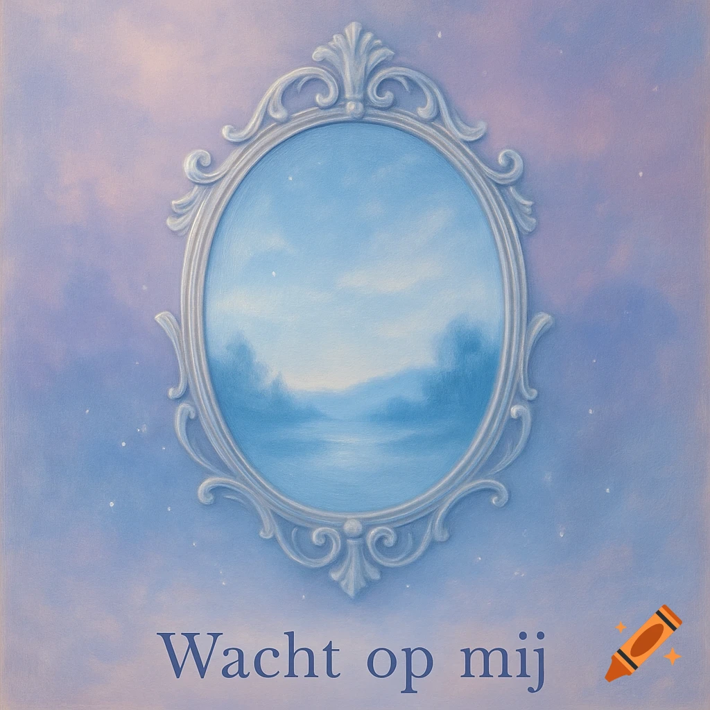 A dreamy album cover featuring an ornate mirror reflecting a misty blue landscape against a pastel sky with text 'Wacht op mij'.
