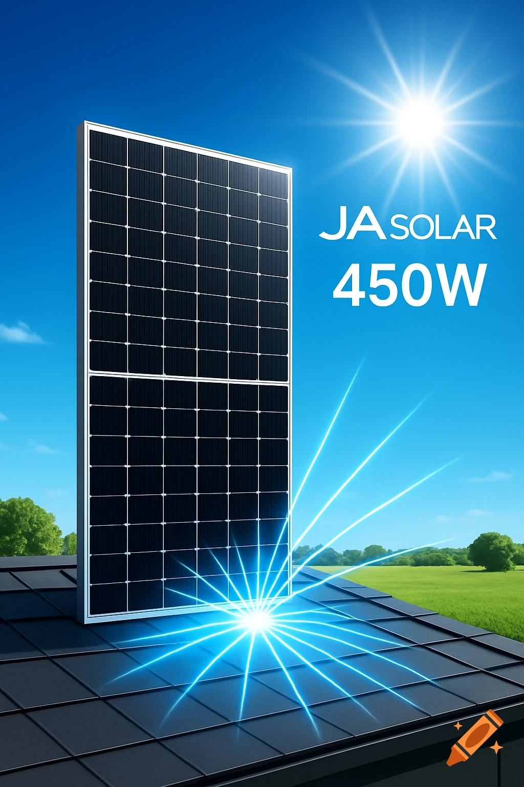 A large solar panel on a dark tiled roof under a bright blue sky, with light rays and 'JA SOLAR 450W' text.