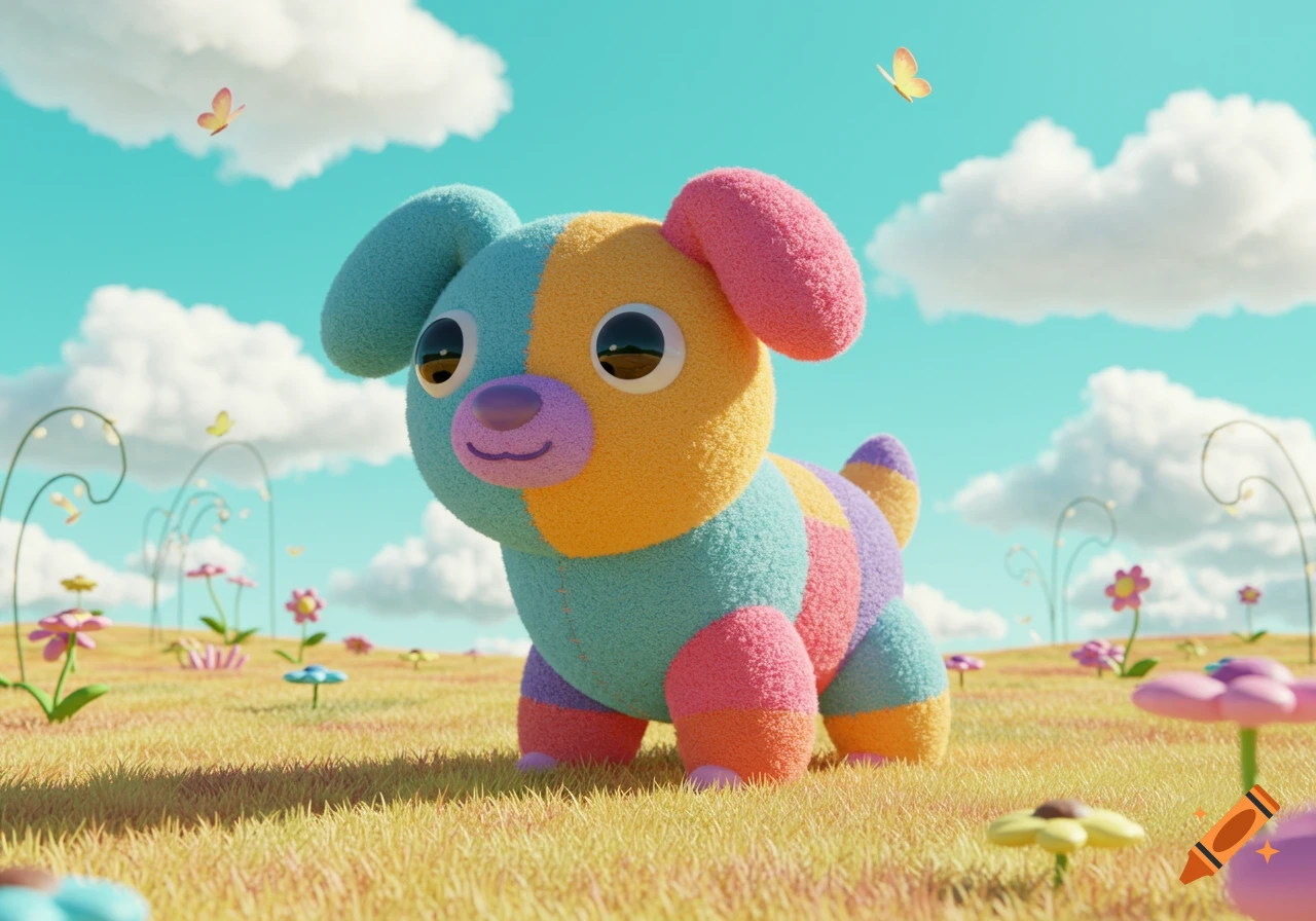 A colorful, patchwork plush dog stands in a whimsical field under a blue sky with butterflies.