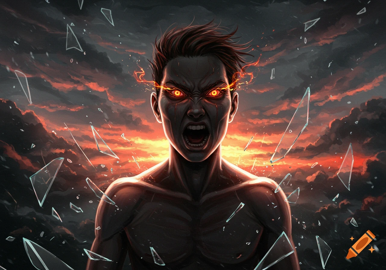 Angry person with glowing red eyes screams amidst shattered glass against a fiery, stormy sky, digital art.