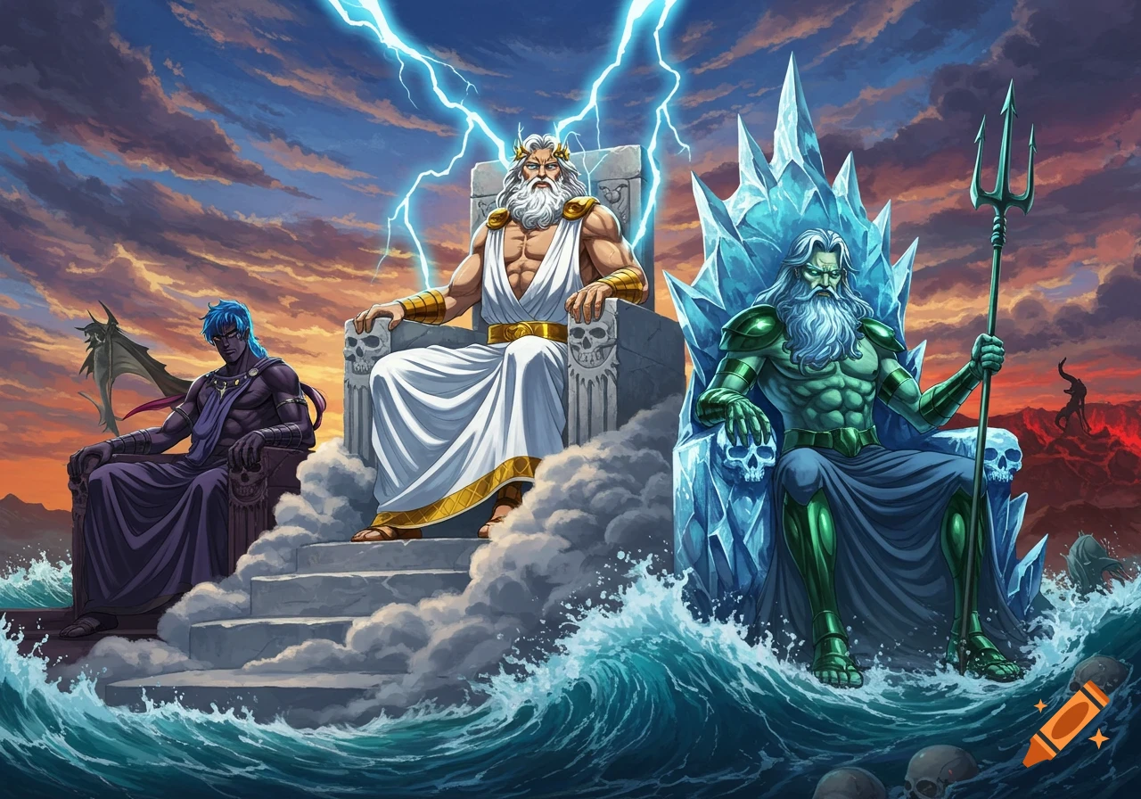 Zeus on a cloud throne, Hades on a skull throne, and Poseidon on an ice throne with a trident, in a dynamic anime art style.