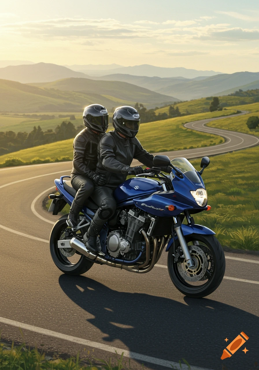 Two bikers in black gear ride a blue Suzuki motorcycle on a winding mountain road at sunset.
