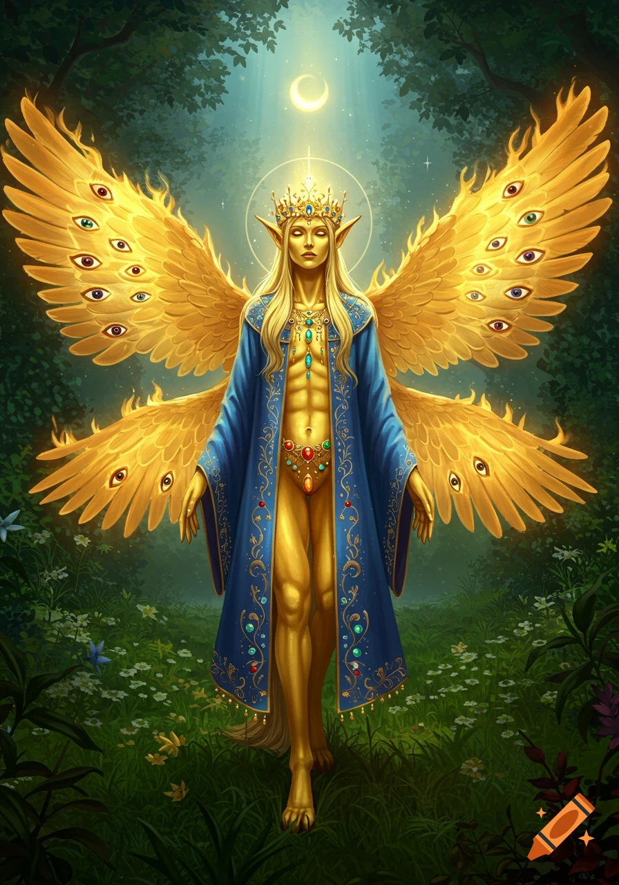 A golden, crowned humanoid entity with long blonde hair, a blue robe, and large golden wings covered in eyes, stands in a lush garden under a crescent moon.