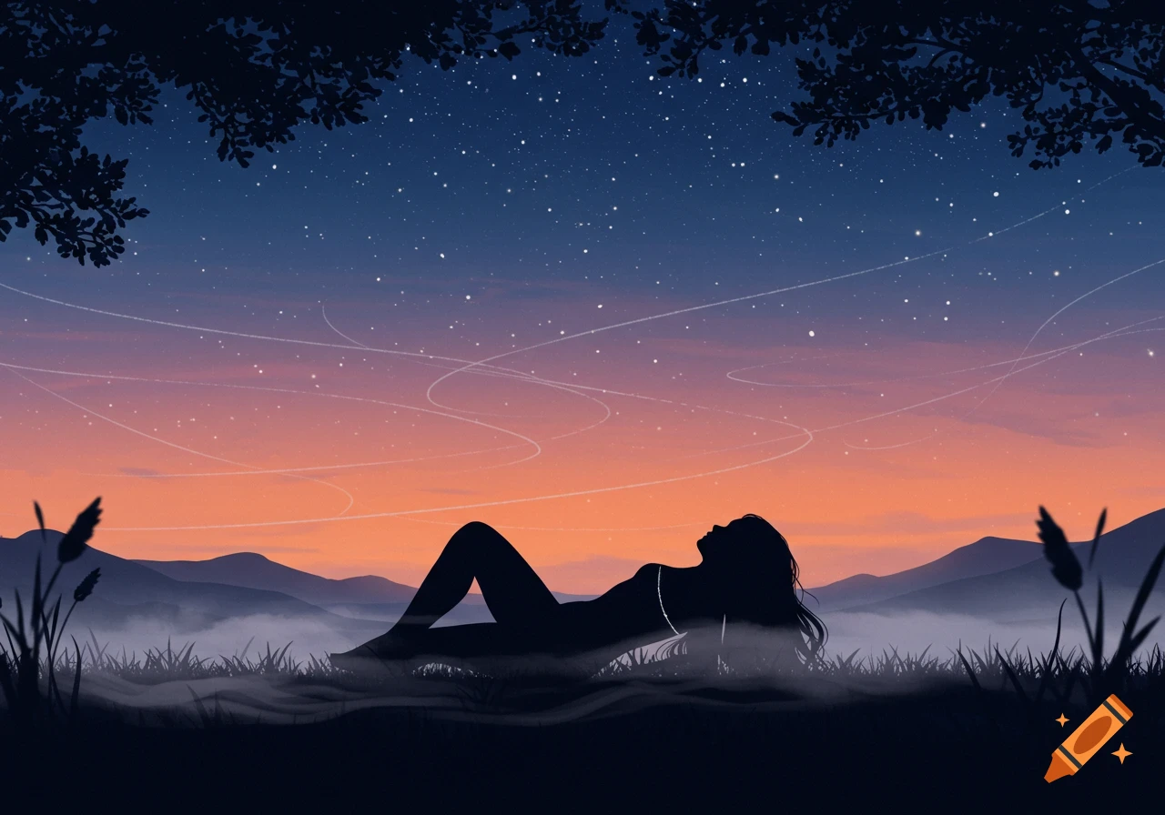 Illustrated silhouette of a woman lying in mist and grass, looking at a starry night sky with a colorful gradient over mountains.