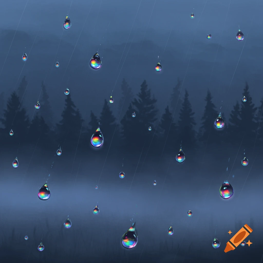 Stylized rainbow raindrops fall against a misty dark blue forest background.
