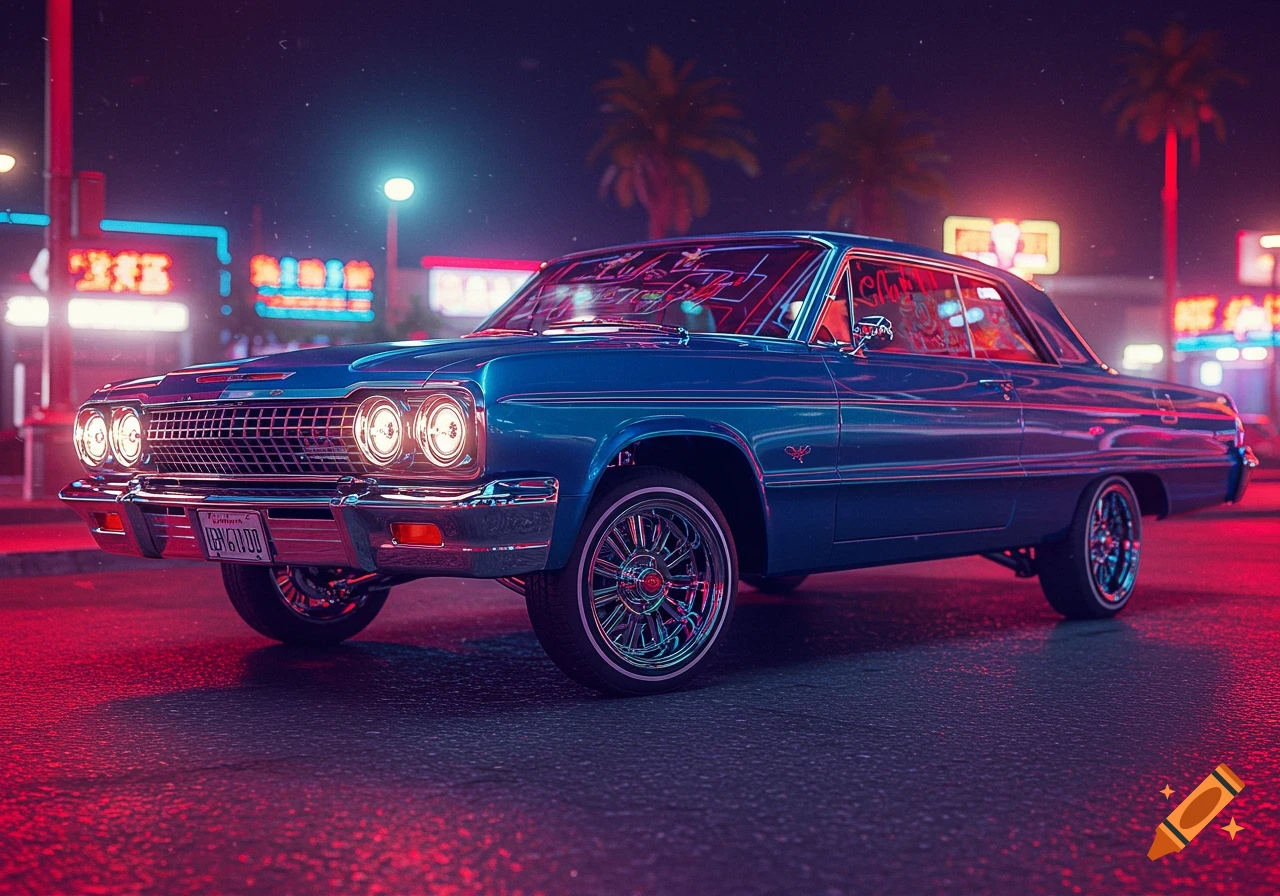 A vibrant blue lowrider car with chrome details, parked on a street at night, illuminated by neon signs and city lights, in a retro-futuristic style.