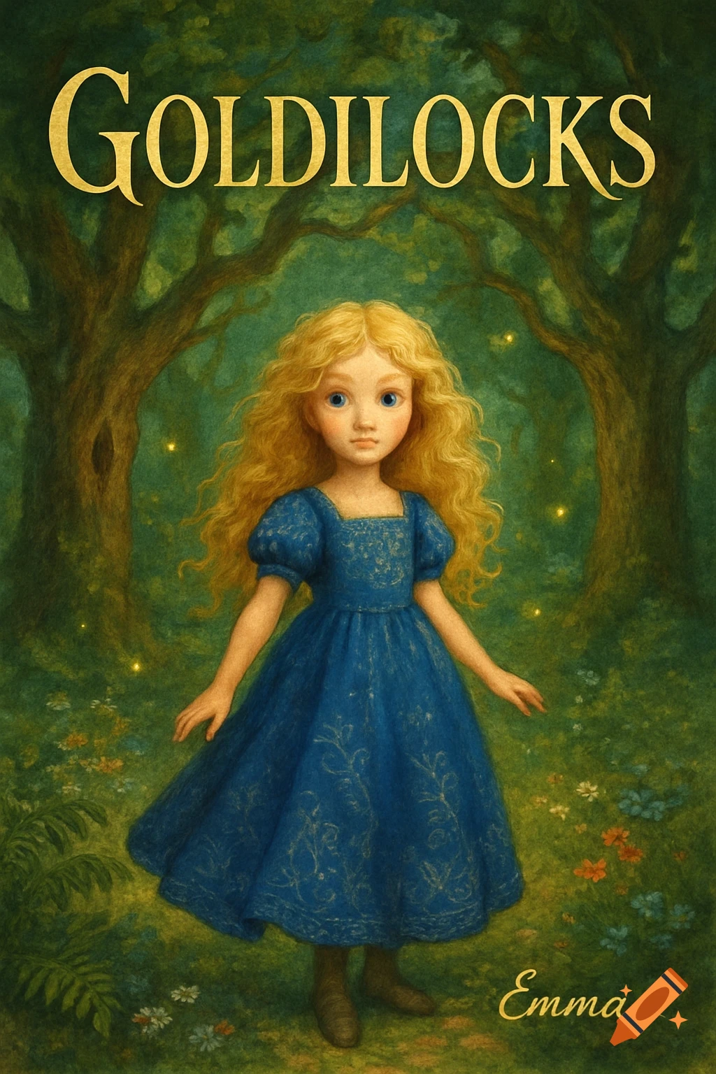Illustrated book cover titled 'Goldilocks' depicting a blonde girl in a blue dress standing in a lush, magical forest, signed 'Emma'.
