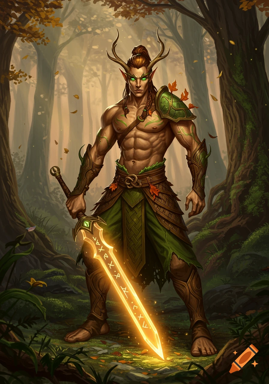 Muscular wood elf fighter with antlers, green glowing eyes, and a glowing runic sword stands in an autumn forest.