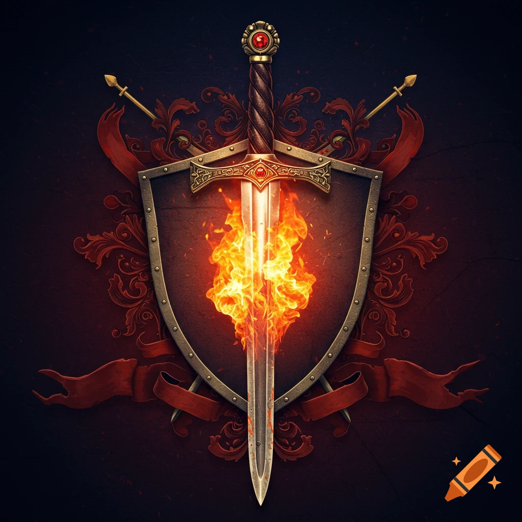 A stylized longsword with a flaming blade positioned against a medieval shield, adorned with ornate red ribbons and patterns.