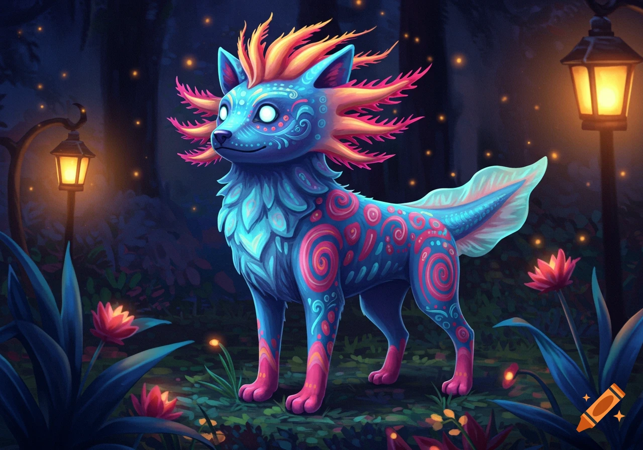A vibrant alebrije creature, a dog-axolotl hybrid with blue, pink, and orange patterns, stands in a magical dark forest at night.