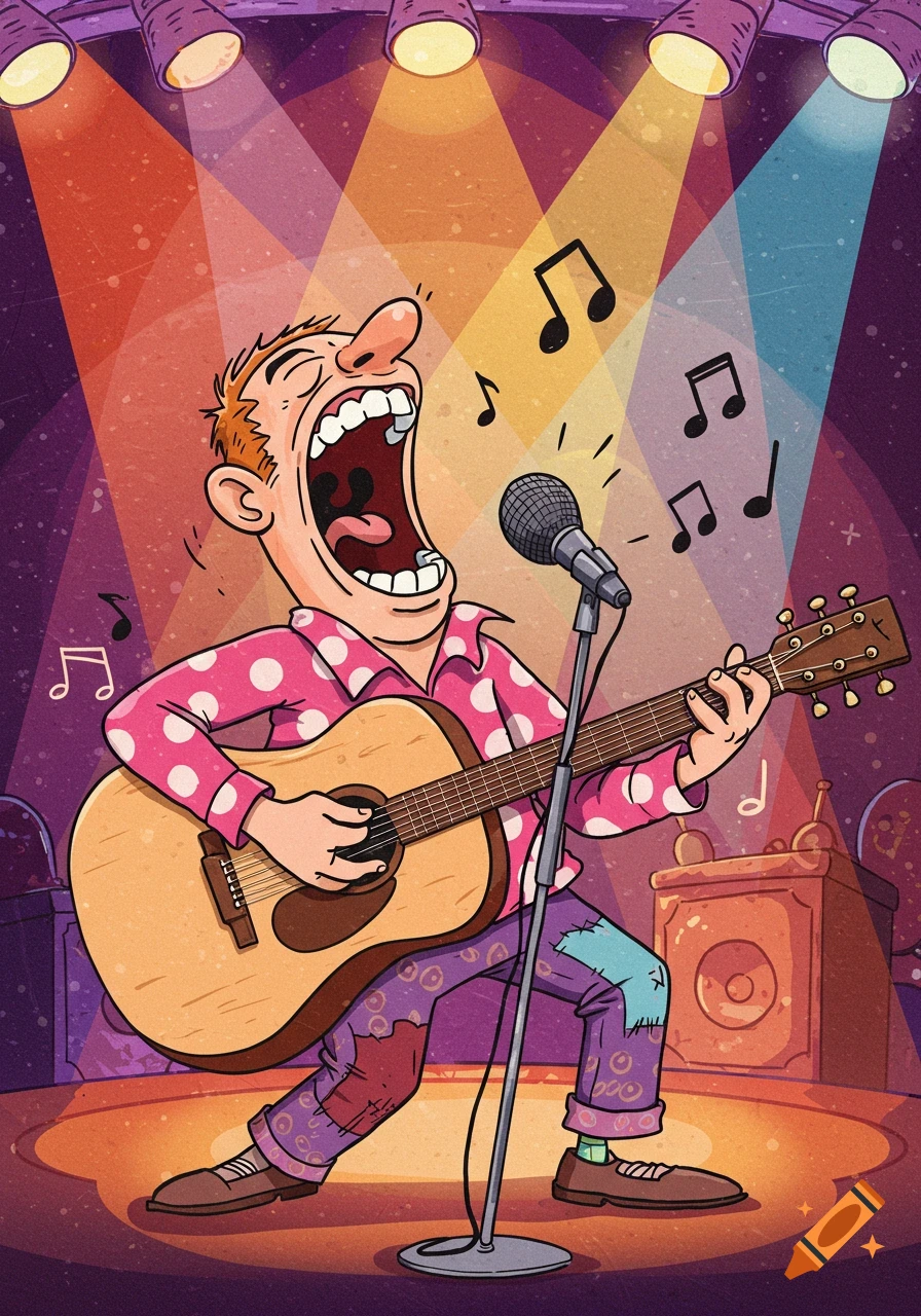 A humorous cartoon of a red-haired man singing loudly into a microphone and playing an acoustic guitar on stage under spotlights.