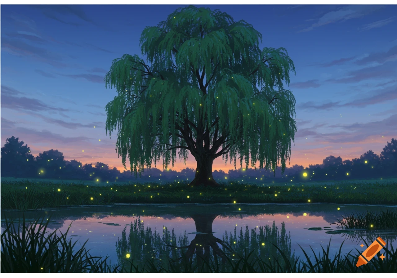 A weeping willow tree by a pond at dusk, with fireflies glowing over the water and grass, in a digital art style.