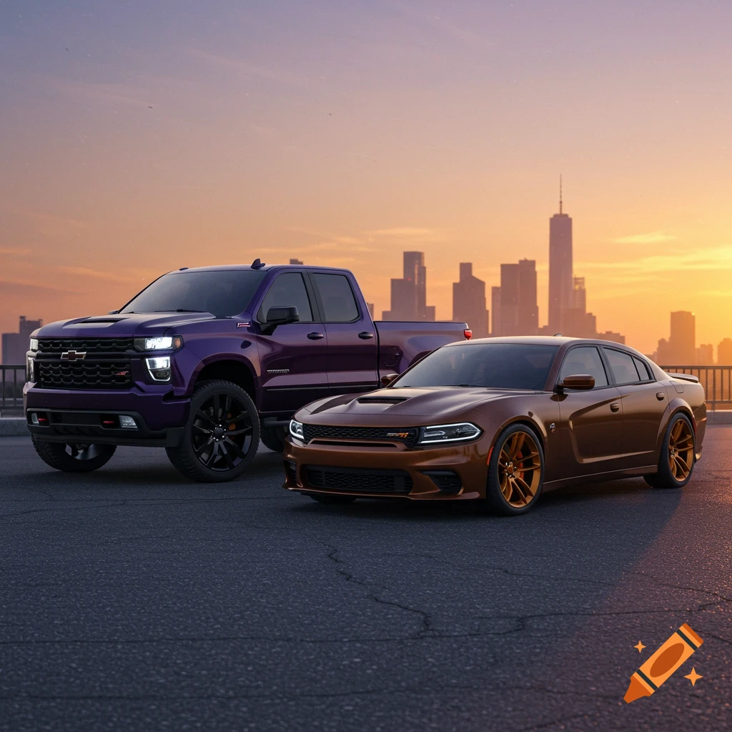 A purple Chevrolet truck and a dark brown Dodge Charger with gold rims parked on asphalt in front of a city skyline at sunset.