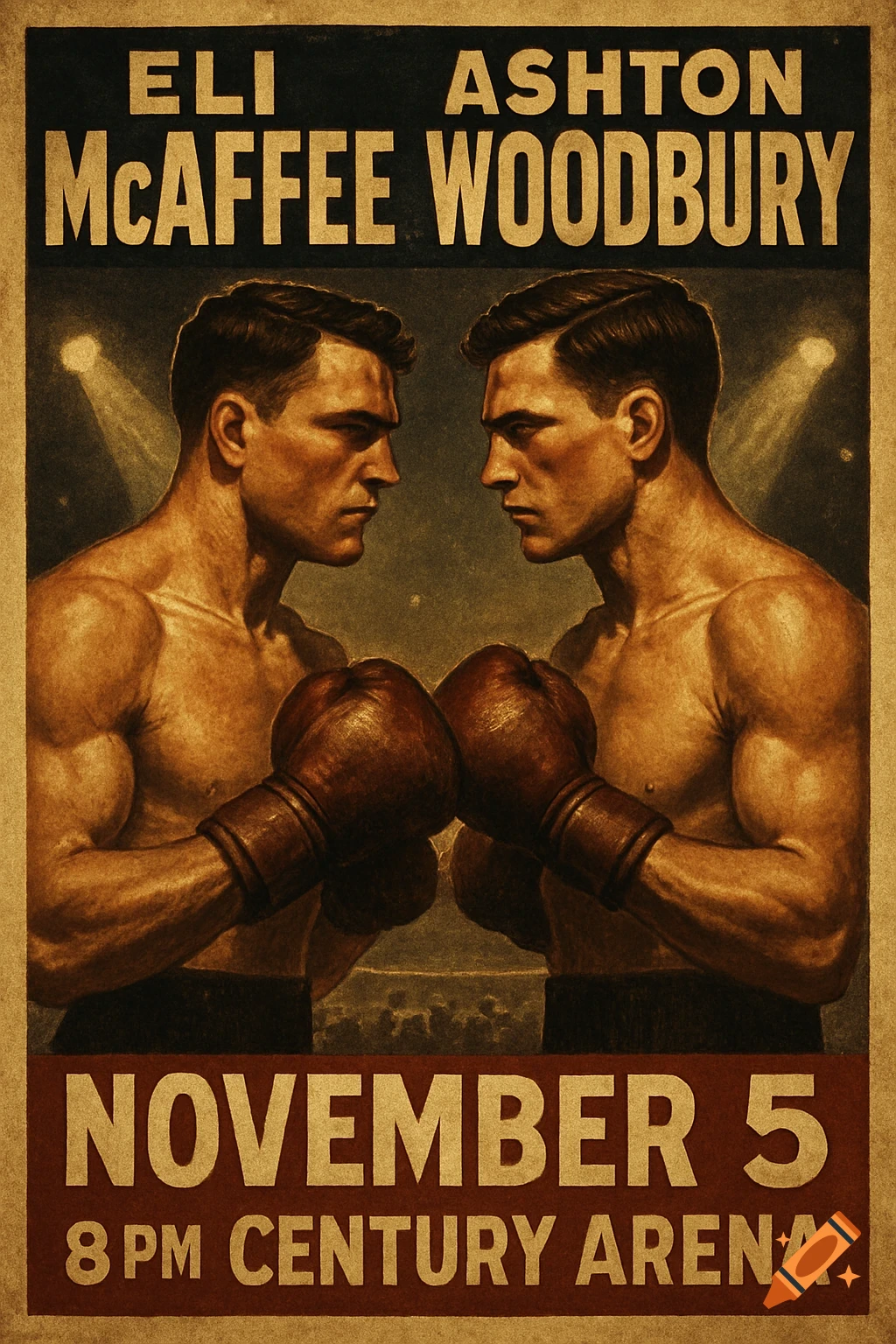 A vintage poster illustration for a boxing match between Eli McAffee and Ashton Woodbury on November 5th.