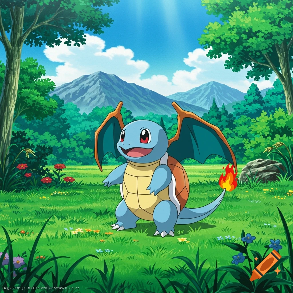 A blue turtle-like Pok esmon with orange wings and a flaming tail stands in a green field with mountains and trees in an anime style.