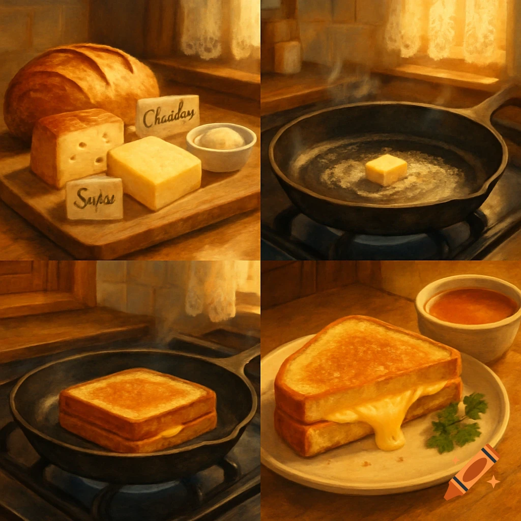 Four-panel illustration of making grilled cheese: bread, cheese, butter; melting butter in a pan; cooking sandwich; finished sandwich with melted cheese and soup.