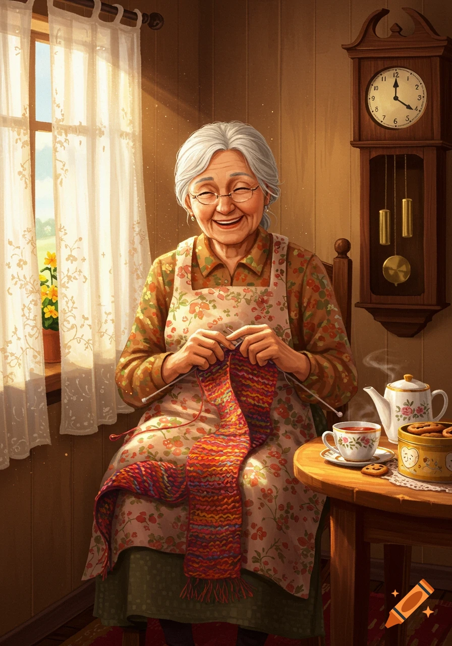 An elderly woman with white hair and glasses smiles happily while knitting a colorful scarf in a sunlit, cozy room with a grandfather clock.