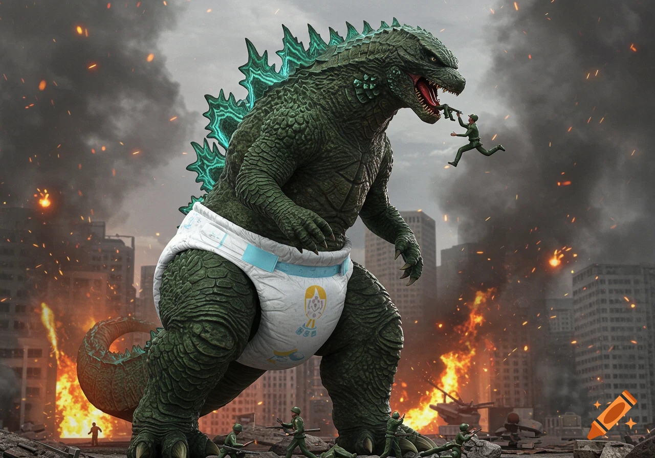 Giant Godzilla in a diaper stomps through a destroyed city, eating a tiny soldier while other army men flee amidst fire.