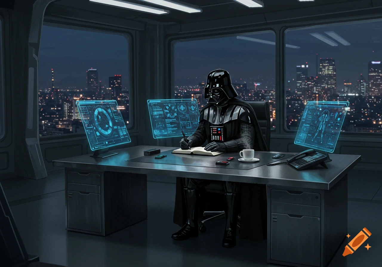 Darth Vader sits at a desk in a futuristic office, writing in a journal with holographic screens displaying data.
