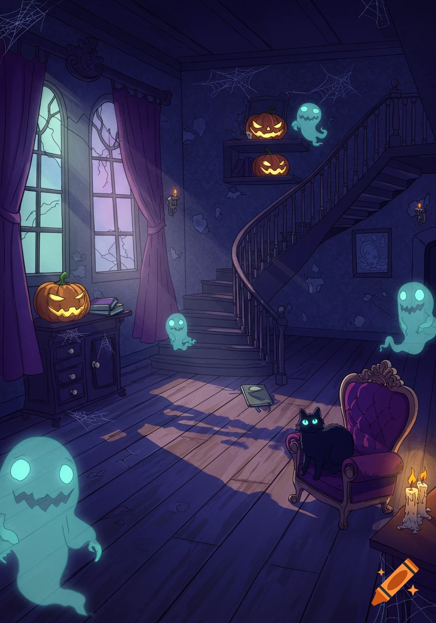 A cartoon illustration of a spooky haunted house interior with glowing ghosts, jack-o'-lanterns, and a black cat in a purple armchair.
