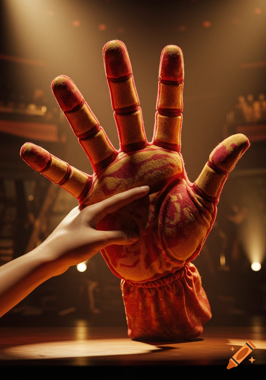 A small human hand gently pushes into a large, stylized red and yellow patterned hand puppet, set on a stage with soft lighting.