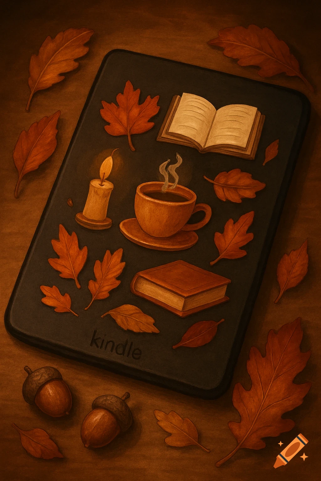 An illustration of a Kindle e-reader decorated with autumn leaves, acorns, a lit candle, a steaming cup of coffee, and books on a wooden surface.