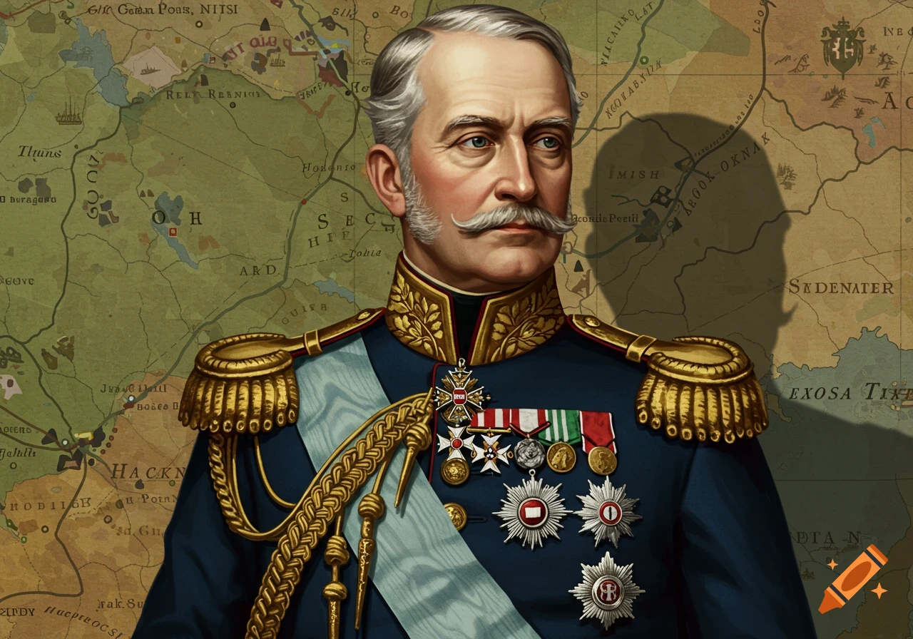 Portrait of an older man in a detailed military uniform with medals, set against a vintage-style map.