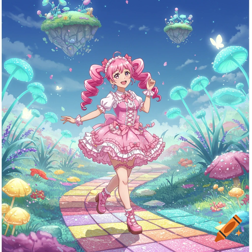 Anime girl with pink pigtails in a frilly pink dress walks on a colorful path in a vibrant whimsical wonderland with glowing mushrooms and floating islands.
