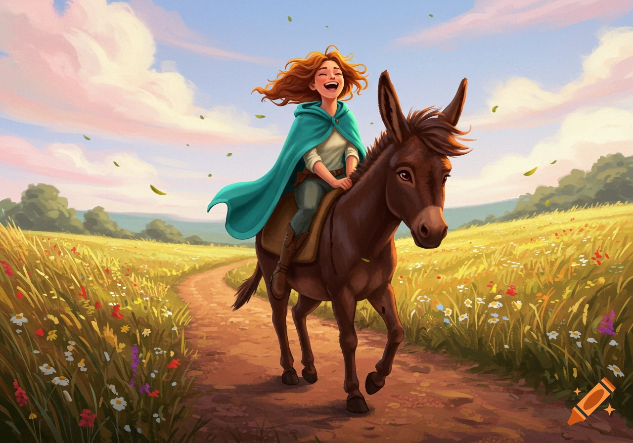 A laughing girl with red hair and a teal cape rides a brown donkey on a path through a sunny wildflower meadow, illustrated.